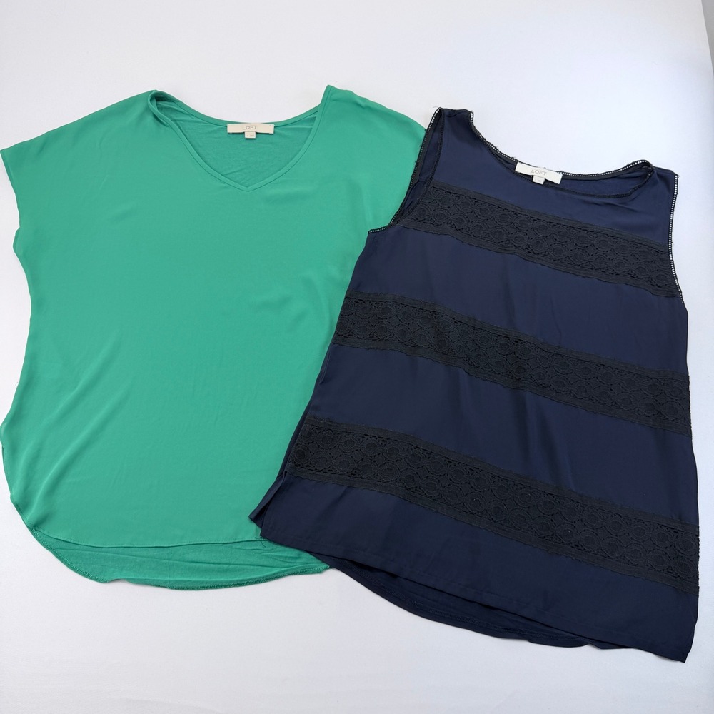 Loft Blouse Bundle Womens Large Green V-Neck Short Sleeve Navy Lace Shell Tank